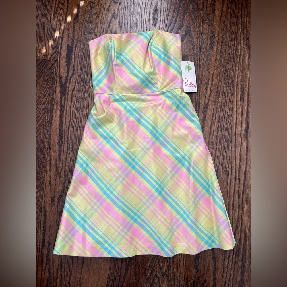 Lilly Pulitzer Sienna Strapless Silk Plaid Dress Size 0 NWT (with DEFECTS)